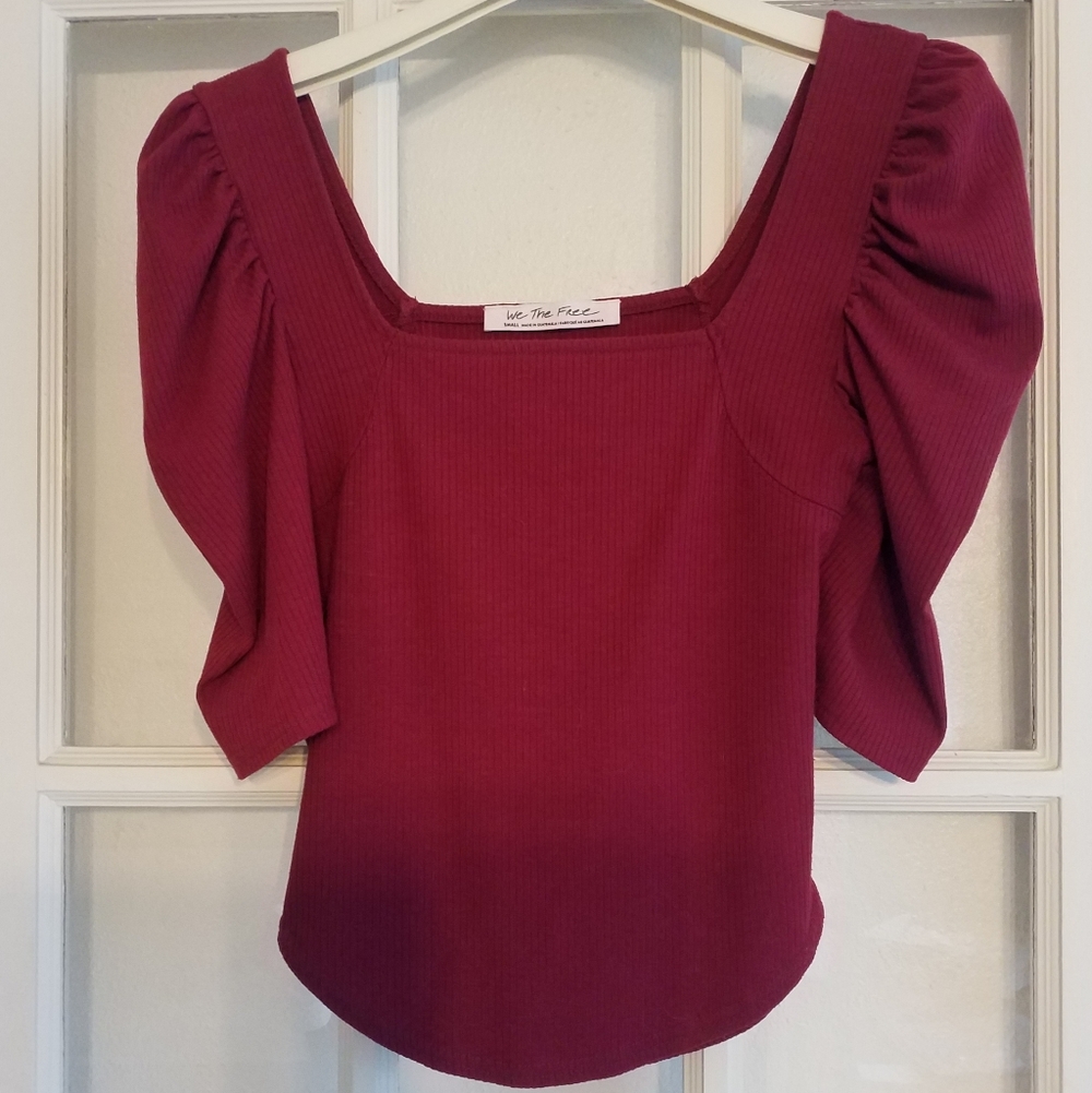 We The Free Burgundy Ribbed Puff Sleeve Fitted Blouse Size S